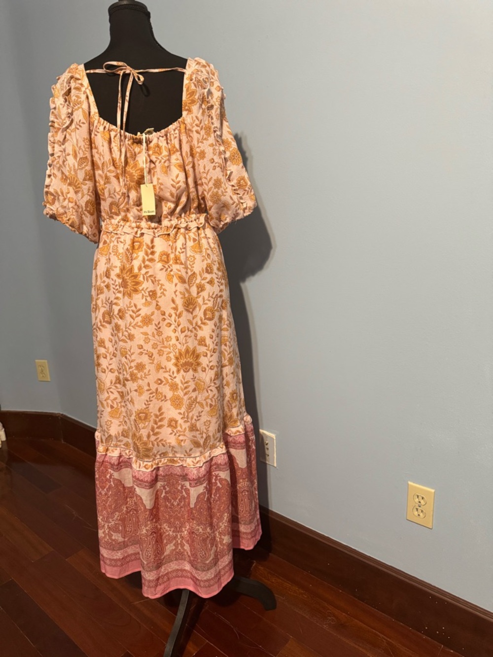 NWT iris Cream Maxi Dress with Mustard Floral Print and Pink Hem